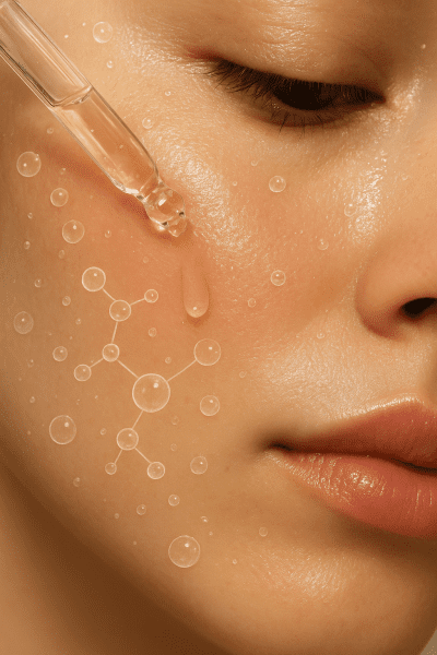 Macro of a woman's hydrated cheek with a dropper applying serum-infused face tint, water and hyaluronic visuals.