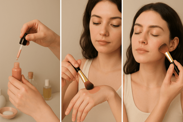 Stepwise images of a woman dispensing, mixing, and applying lightweight face tint with a brush at a neat vanity.