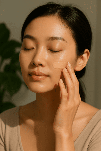 A woman applies squalane face tint, her skin glowing under soft sunlight with a green plant behind.