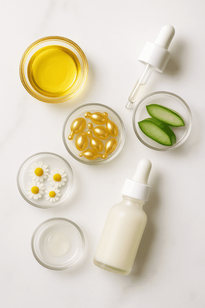 Flat lay of scalp treatment jars and dropper bottles with jojoba oil, ceramide capsules, aloe vera, and chamomile on a marble surface.