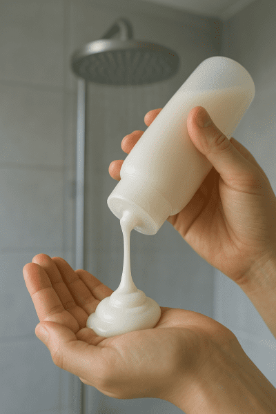A hand pours creamy medicated shampoo in a modern shower with pale tiles and a blurred rainfall showerhead in the background.