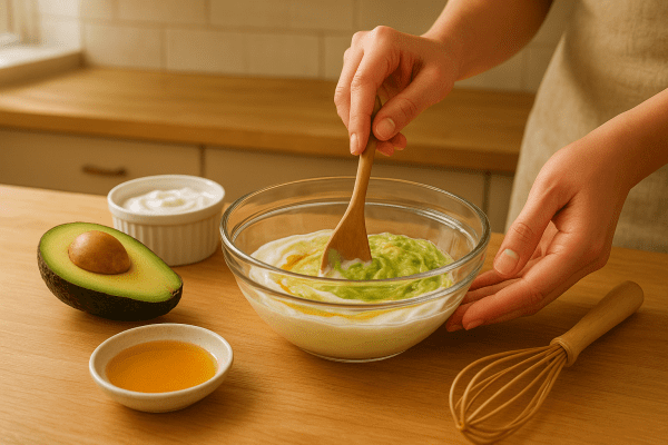 Hands mixing a creamy yogurt, honey, and avocado scalp mask in a glass bowl on a sunlit wooden kitchen countertop with ingredients and utensils.
