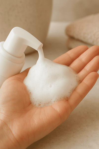 A creamy foam from a cleanser in a palm, skin glowing and hydrated, spa-like background.