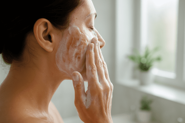 A person cleansing their face with foaming cleanser, makeup dissolving, skin looks moist and fresh.