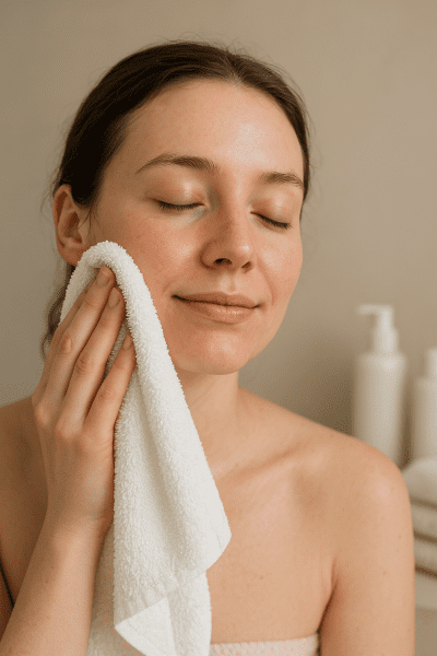 A woman with sensitive skin, gently patting her face dry, soft towels and neutral bottles in background.