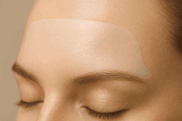 Macro shot of an ultra-thin, seamless forehead patch blending with hydrated skin, highlighting soft texture and delicate adhesive edge.