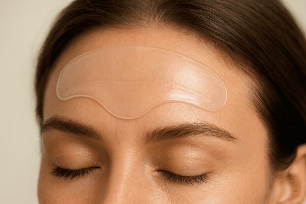Close-up of a clear silicone forehead wrinkle patch on plump, hydrated skin, showing softened fine lines and seamless fit.