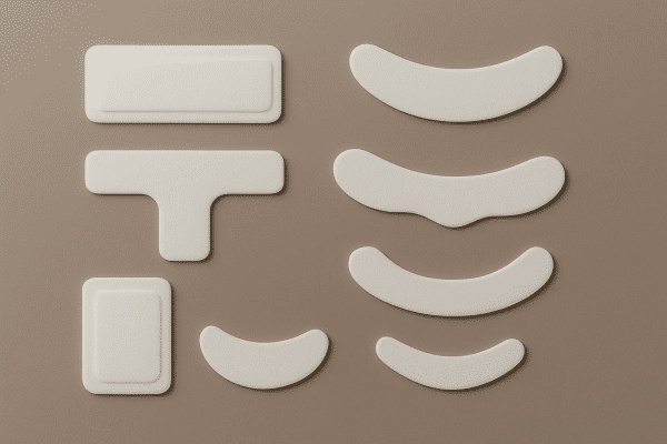 Flat lay of assorted forehead wrinkle patches in different shapes and sizes on a taupe matte surface, showing design variety.