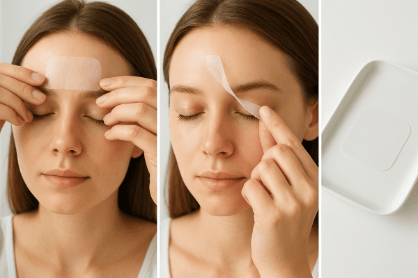 Three-panel sequence: hands applying, removing, and storing a forehead wrinkle patch on a minimalist ceramic tray, with bright background.