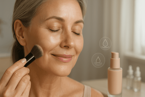Smiling mature woman applies hydrating liquid foundation with a kabuki brush, her skin radiant in soft daylight at a minimalist vanity.