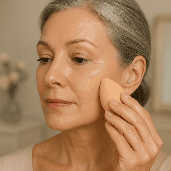 Mature woman blends peptide serum foundation onto her cheek, with firmer, even skin and a radiant glow at a soft-lit vanity.
