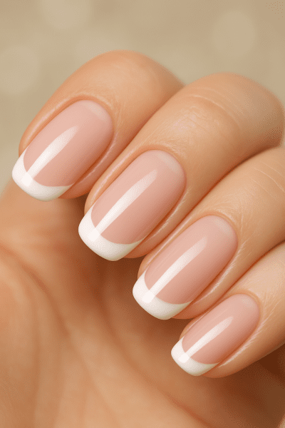 A hand with pristine oval French manicured nails, pink beds and white tips, on a creamy beige bokeh background.