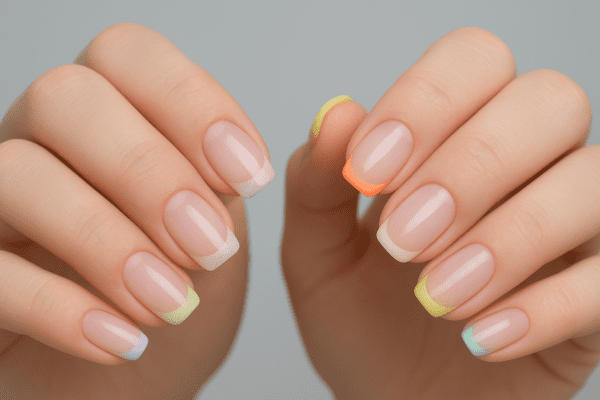 Hands showcasing French tips in pastel ombre, glitter, metallic, and neon, over a seamless pale grey background.