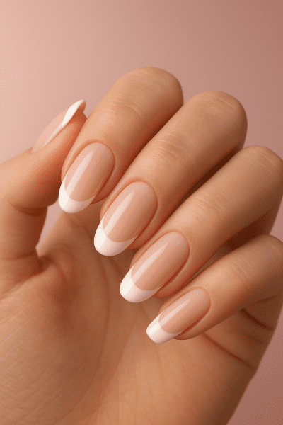 Macro of hands showing oval, almond, square, and coffin French tips, perfect cuticles, blush pink vignette background.