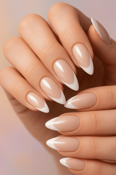 Almond-shaped nails with pearl-sheen French tips, hands gracefully posed over a glowing pastel ombre background.