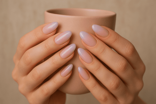 Almond nails with pastel ombre French tips and subtle shimmer, hands holding a blush ceramic cup.