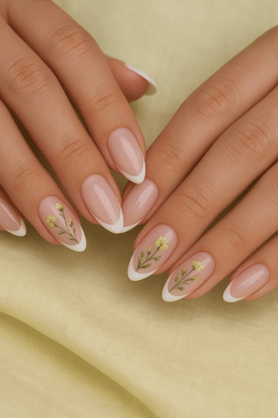 Almond nails with thin French tips and wildflower accent art, hands on pale lemon linen.