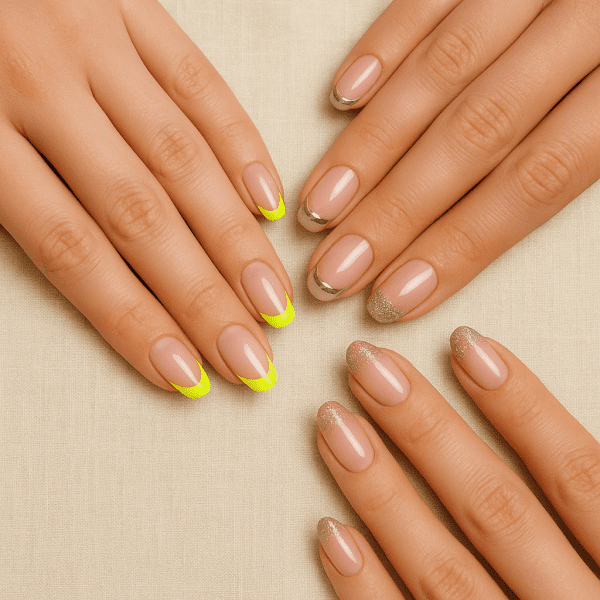 Flat-lay of hands with neon, metallic, and glitter ombr\u00e9 French tip nail styles on creamy linen.