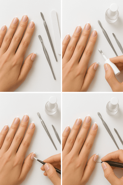 Stepwise French tip nail tutorial: prep, base coat, tip painting with guide, and top coat on a white table.