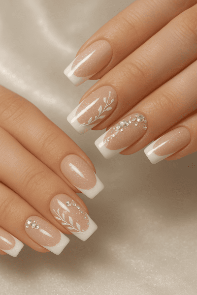 French tip nails with glitter, rhinestones, and hand-painted vine art on a pearly glowing background.