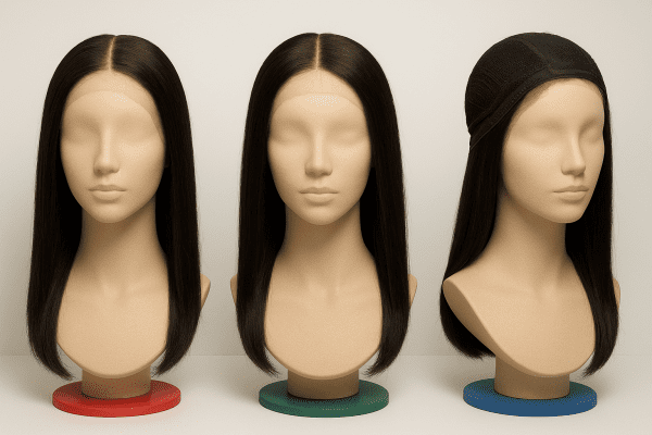 Three mannequin heads with full lace, lace front, and traditional cap wigs, clearly showing construction differences.