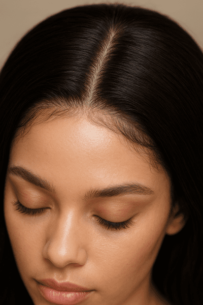 Tight portrait of a model in a lace wig, with seamless scalp illusion and fine hairline detail.