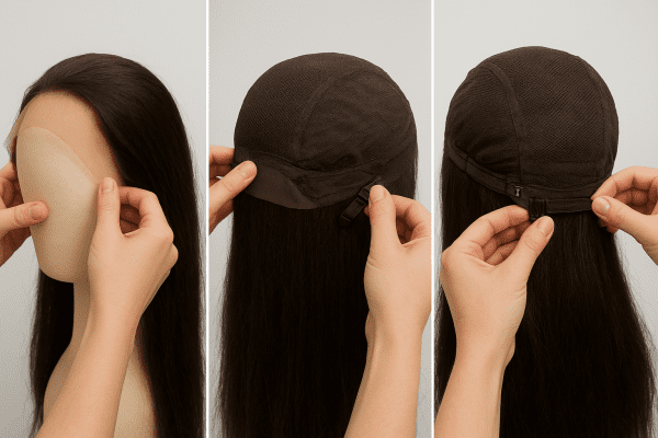 Three-panel sequence of hands installing a lace wig: cap adjustment, combs, and straps on mannequin.