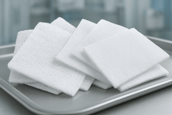 Assorted woven and non-woven gauze pads arranged on a metal tray in a bright hospital supply room.