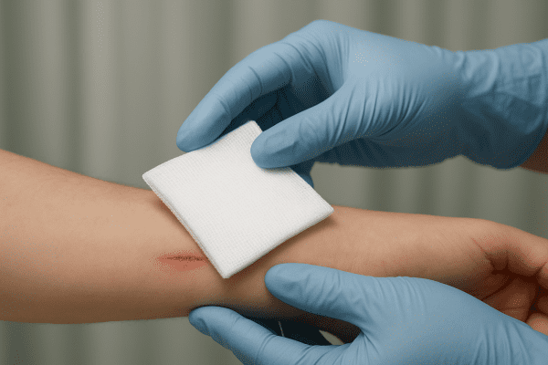 Gloved hands applying a sterile gauze pad to a clean forearm wound in a hospital setting.