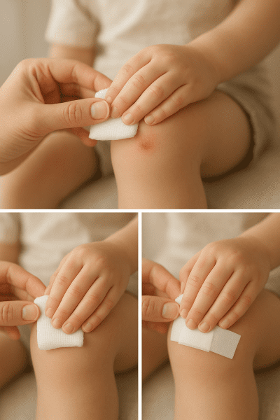 Three steps: cleaning, covering, and taping a child\u2019s knee wound with a sterile gauze pad.