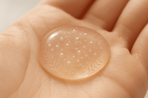 Glossy gel cleanser with ceramides on a clean palm, macro view.