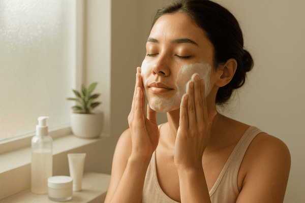 Woman rinses foaming cleanser from face in sunlit bathroom, removing makeup and sunscreen.