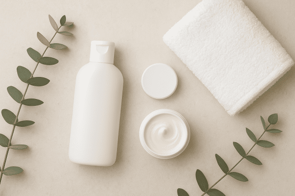 Neatly arranged flat lay of non-comedogenic skincare, towel, and eucalyptus on neutral background.