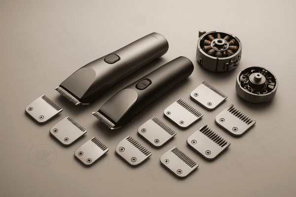 Neatly displayed high-end hair clippers, multiple clipper blades, and internal motor components on a refined, neutral workstation, highlighting precision and innovation.