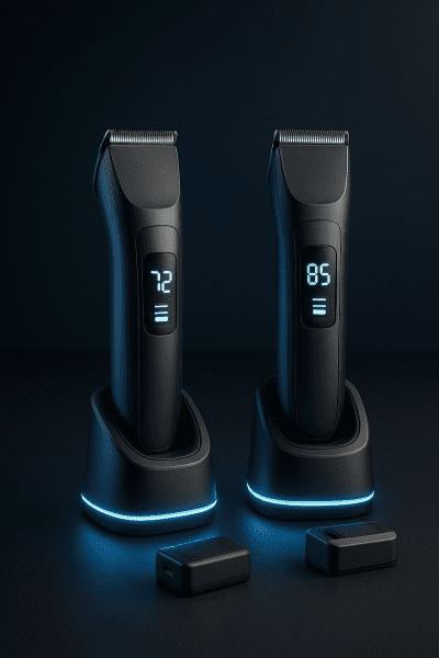 Modern cordless hair clippers in illuminated charging docks with removable batteries and digital displays, showcasing battery technology.