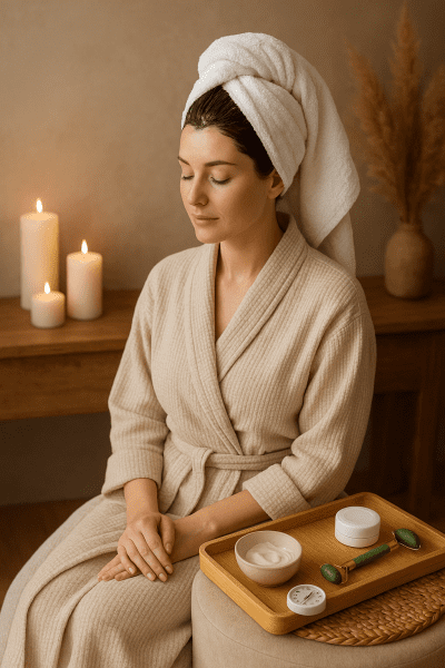 A woman with platinum hair enjoys a deep conditioning mask, spa-inspired bathroom with natural elements.