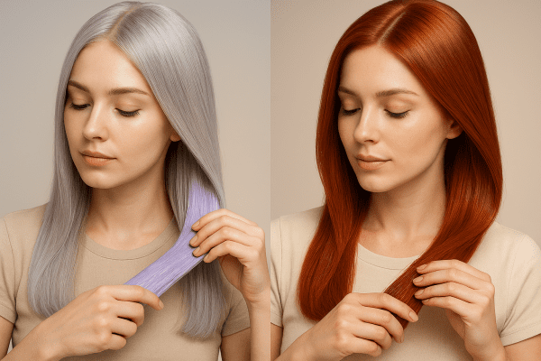Split-screen: blonde woman with purple conditioner, red-haired woman with red conditioner, both on smooth backgrounds.