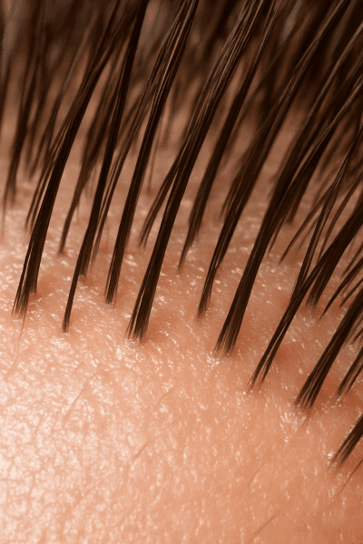Macro image of a woman's healthy scalp with dense, vibrant hair follicles and glossy strands.