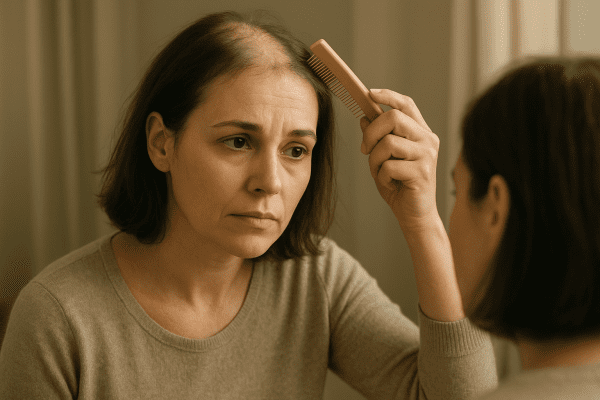 Woman in her late 30s gently combing thinning hair, looking at her reflection with calm resolve.