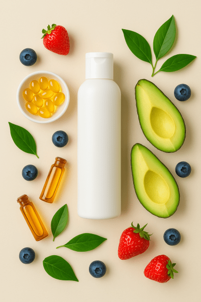 Flat lay of conditioner, vitamins, oils, fresh fruits, and green leaves for hair nourishment.