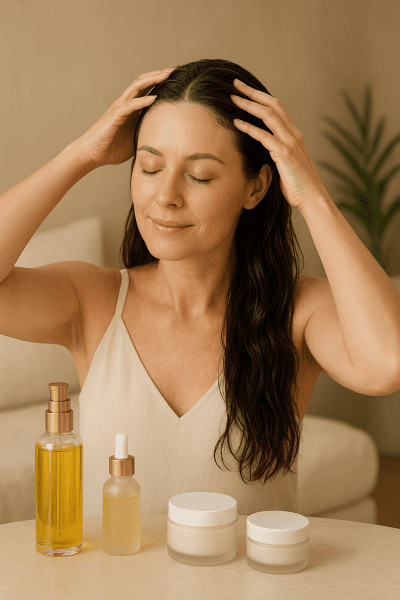 Woman in her early 40s massaging oil into scalp, surrounded by moisturizers and oils in a peaceful setting.