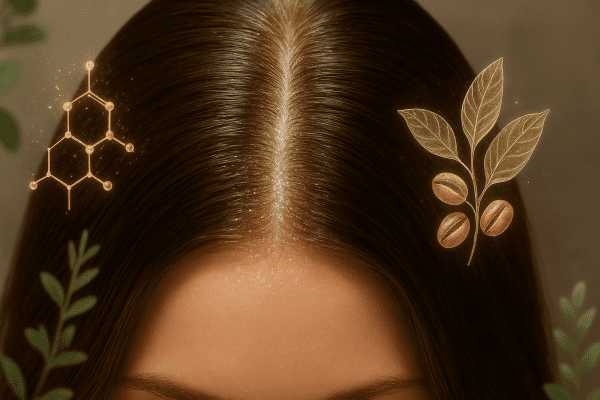 Extreme macro of a radiant, healthy female scalp with lustrous hair and delicate botanical accents representing biotin and caffeine.