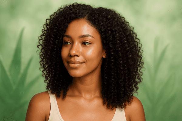 Radiant woman with hydrated, defined curls, soft-focus botanical elements and aloe vera in the background.