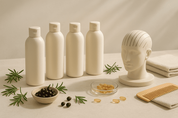 Elegant unbranded hair growth shampoos, rosemary, saw palmetto, biotin, and a scalp model on a sunlit minimalist counter.