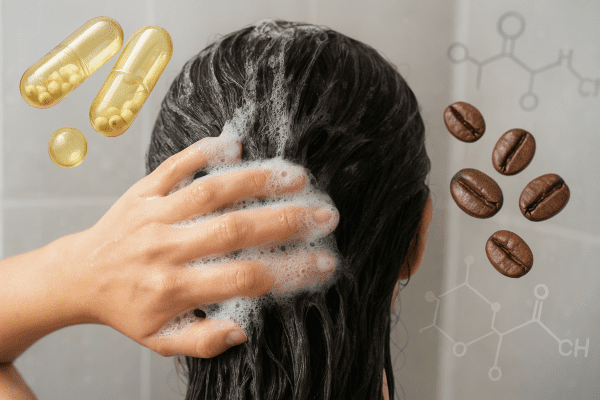 Close-up of hand massaging foamy shampoo into thick wet hair, with biotin, coffee beans, and peptide icons softly in background.