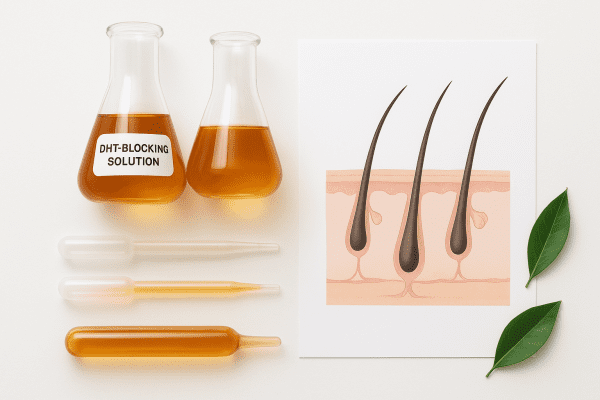Lab flat lay with flasks of saw palmetto extract, DHT-blockers, and a hair follicle diagram on a white table with green leaves.