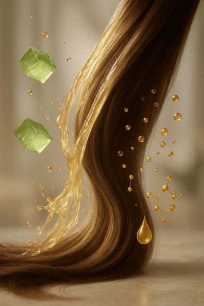 Hydrating shampoo splashing over glossy hair, aloe gel, keratin, and oil droplets in a spa-like blurred background.