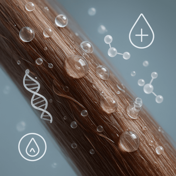 Extreme macro showing heat protectant spray creating a translucent barrier on hair, with protein and moisturizer molecules bonding to the cuticle.