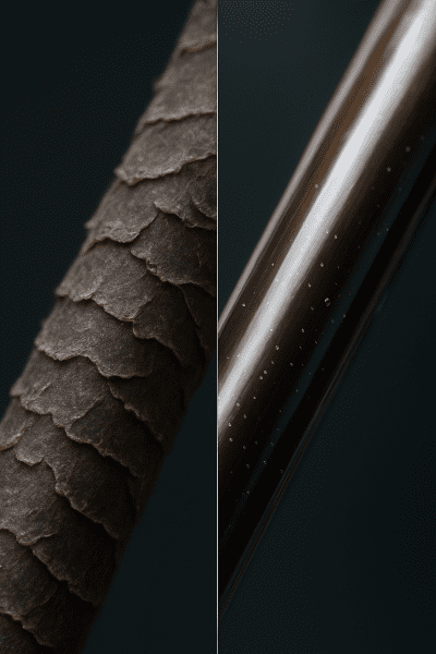 Macro split-view of hair fiber: rough, raised cuticle on one side; flat, shiny, hydrated cuticle on the other after thermal spray.