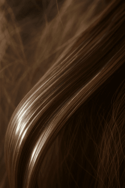 Macro of hair strands with a radiant, lightweight serum layer, contrasting with blurred frizzy hair in the background.